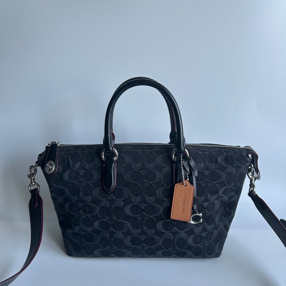 Coach Cara Satchel Black Signature Denim Crossbody Bag CE743